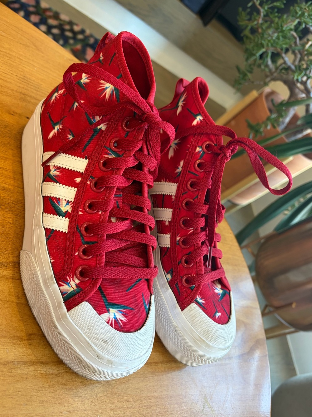 adidas Red Floral Thebe Magugu High-Top Sneakers with White Stripes